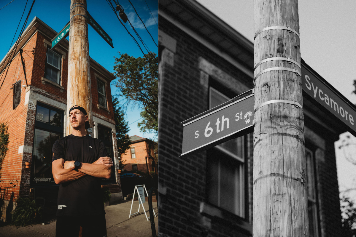 Ultramarathoner Craig Kent stands at the corner of Sycamore and South 6th Street in Columbus, Ohio, outside the Sycamore café — the meeting spot for his local run club.