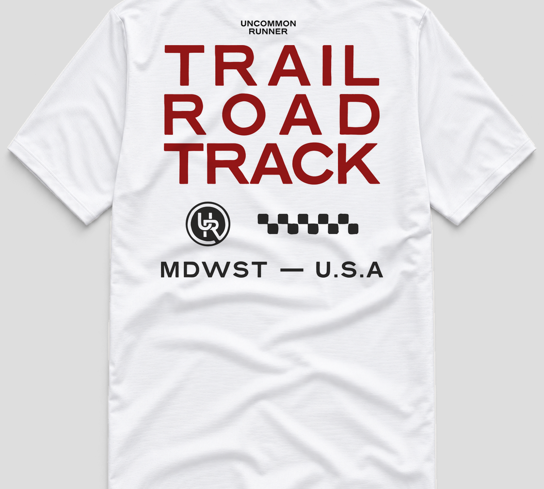 Back of the white Three Ways TempoTech short-sleeve running tee with red Trail Road Track lettering.