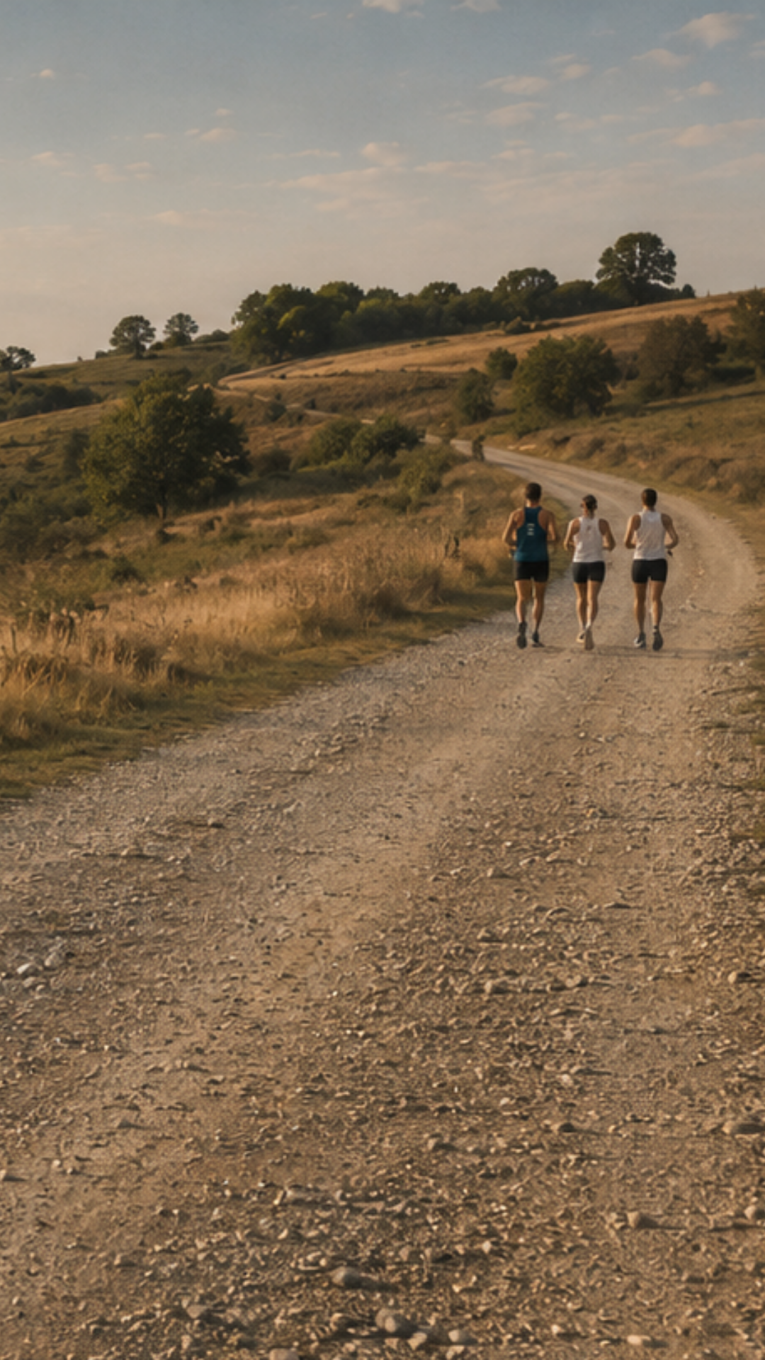 Three people running on a dirt path through a scenic landscape with trees and open fields.