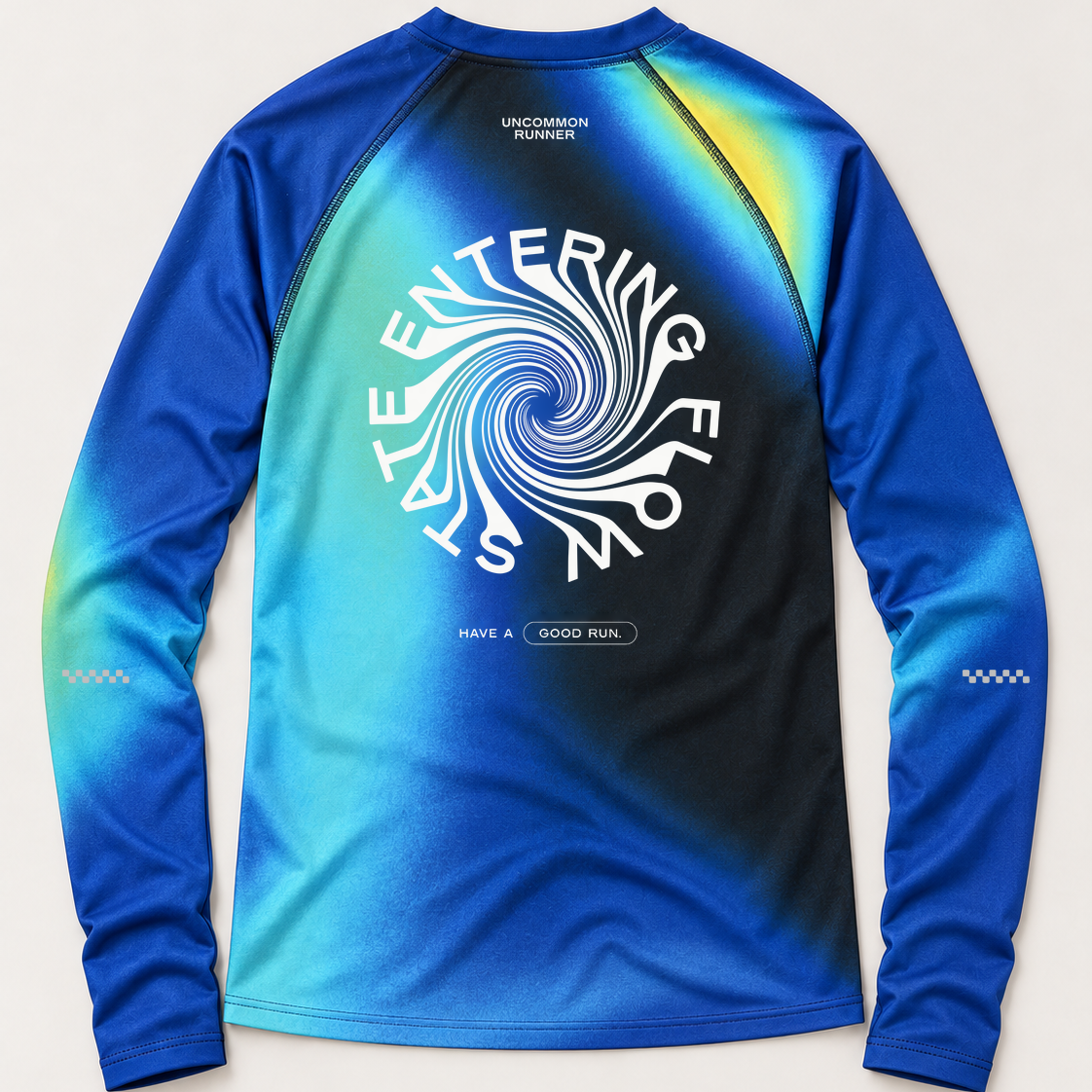 Back view of the Entering Flow State long-sleeve TempoTech running tee with white spiral lettering, Have a Good Run slogan and sleeve checker details