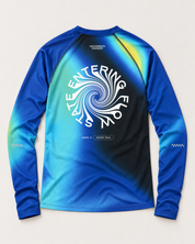 Back view of the Entering Flow State long-sleeve TempoTech running tee with white spiral lettering, Have a Good Run slogan and sleeve checker details
