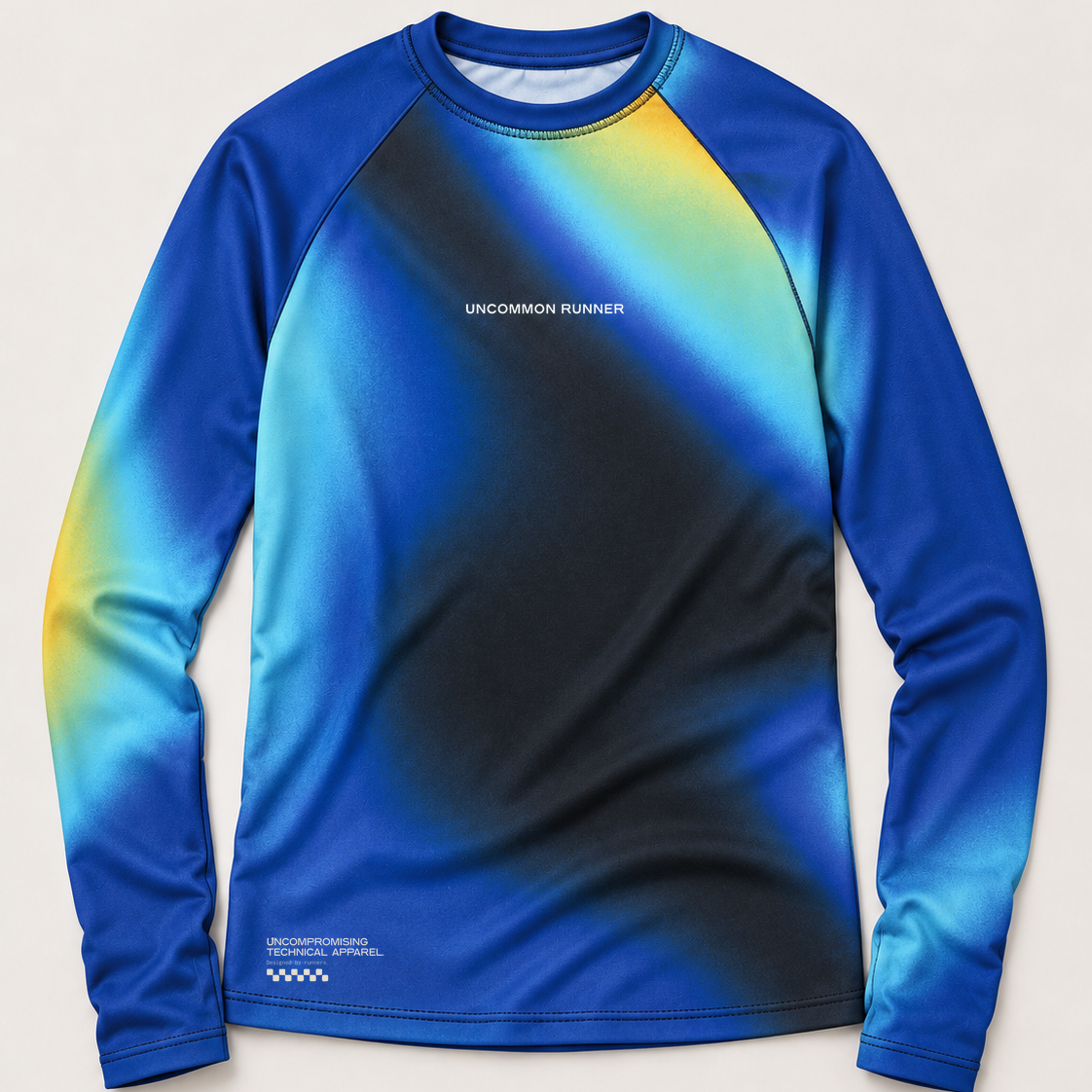 Front view of the Entering Flow State long-sleeve TempoTech running tee with blue, turquoise, yellow and black pattern and white Uncommon Runner chest wordmark