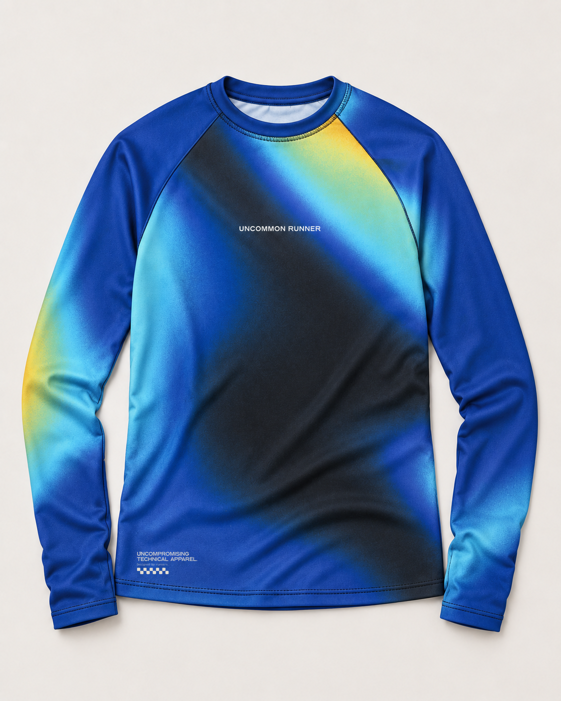 Front view of the Entering Flow State long-sleeve TempoTech running tee with blue, turquoise, yellow and black pattern and white Uncommon Runner chest wordmark