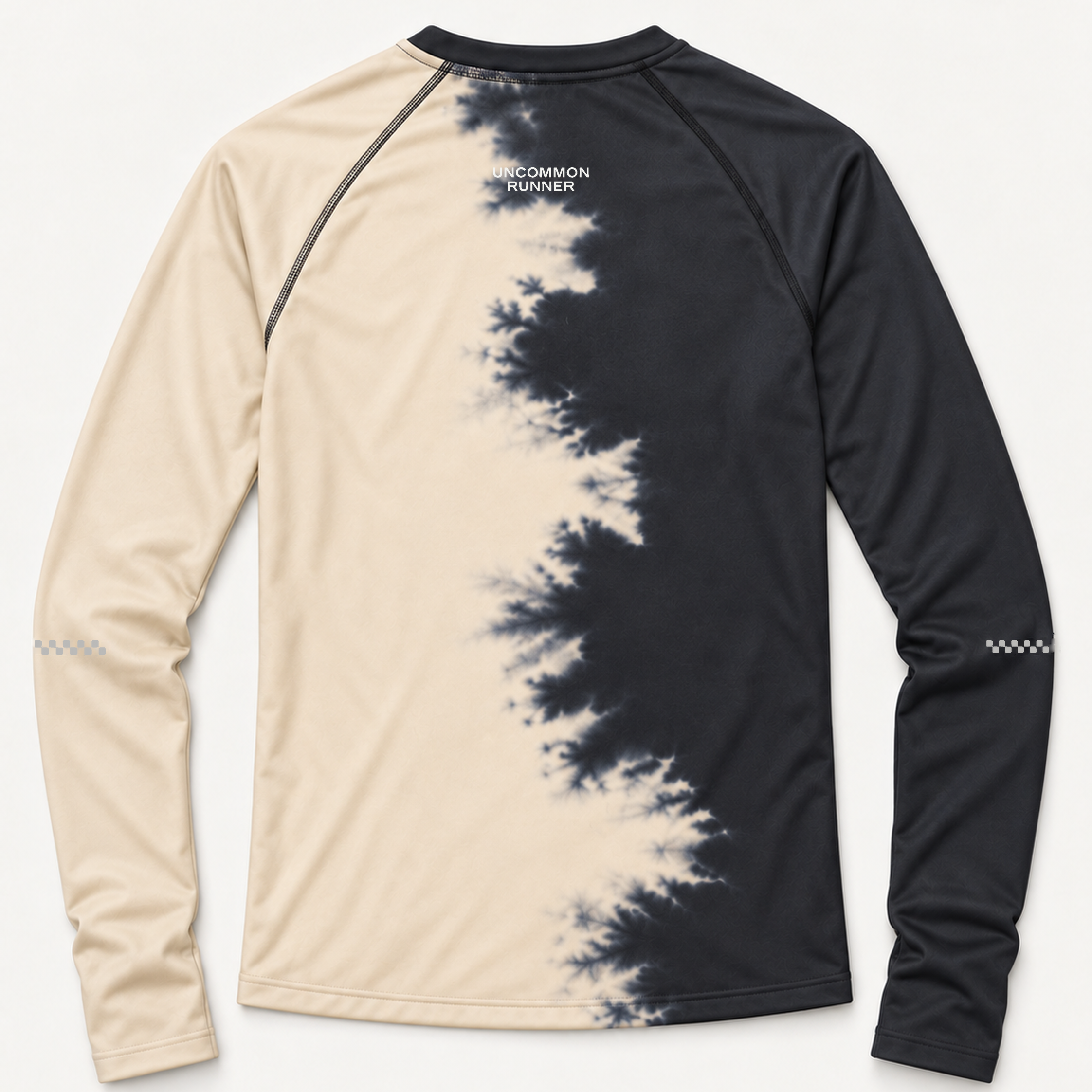 Back view of the Half Dye long-sleeve TempoTech running tee with charcoal and cream split-dye pattern, upper-back wordmark and sleeve checker details