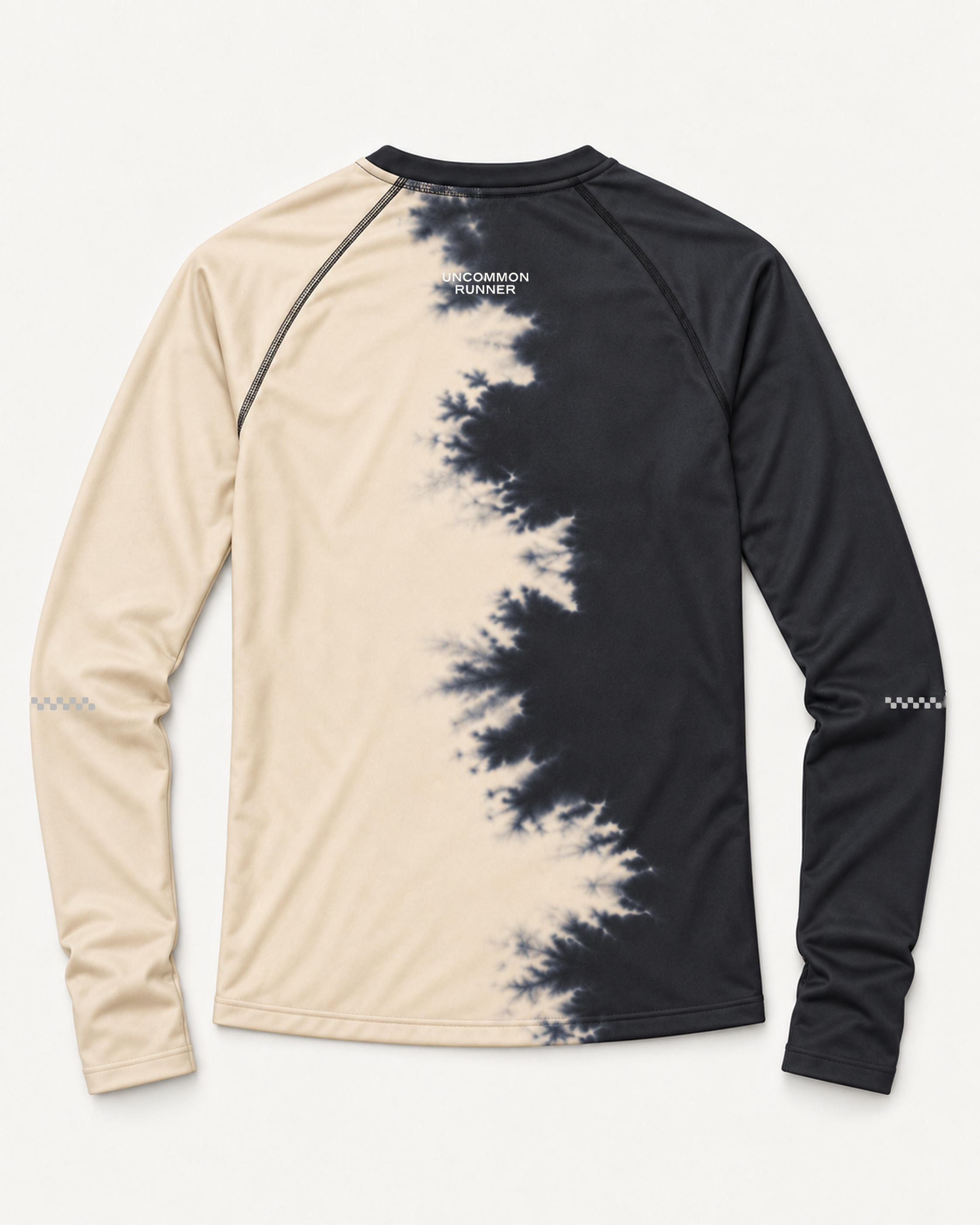 Back view of the Half Dye long-sleeve TempoTech running tee with charcoal and cream split-dye pattern, upper-back wordmark and sleeve checker details