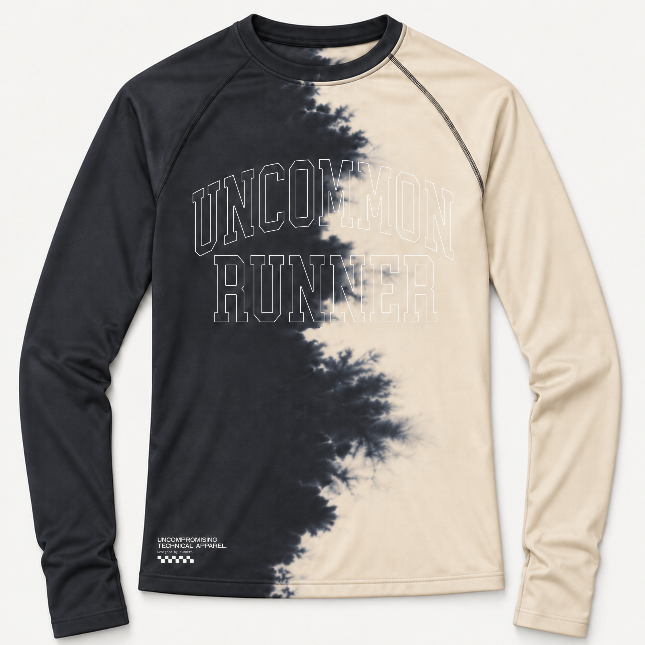 Front view of the Half Dye long-sleeve TempoTech running tee with charcoal and cream split-dye pattern and outlined Uncommon Runner chest lettering