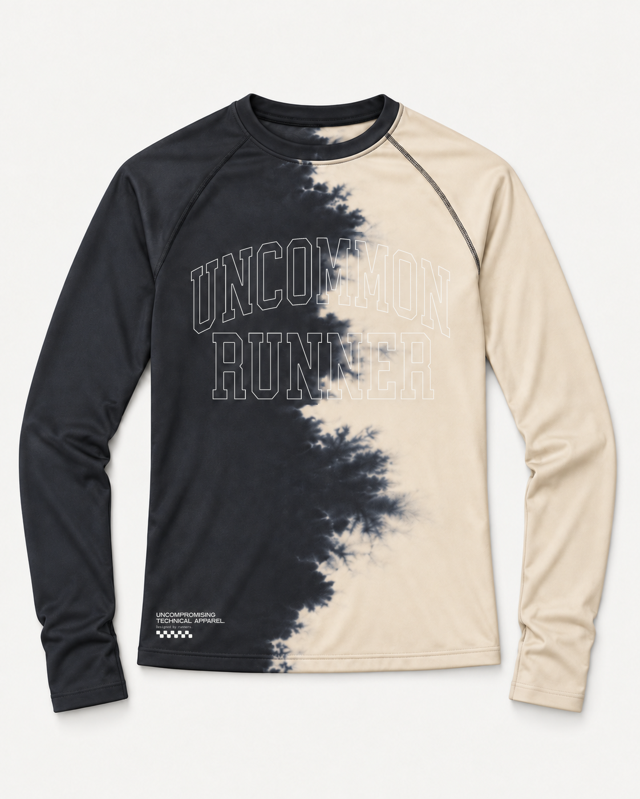 Front view of the Half Dye long-sleeve TempoTech running tee with charcoal and cream split-dye pattern and outlined Uncommon Runner chest lettering