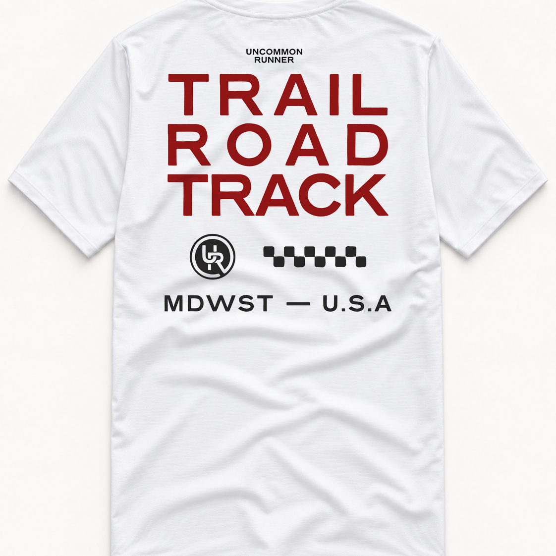 Back view of the white Three Ways short-sleeve TempoTech running tee with cherry-red Trail Road Track lettering and charcoal UR logo, checker pattern and MDWST U.S.A print