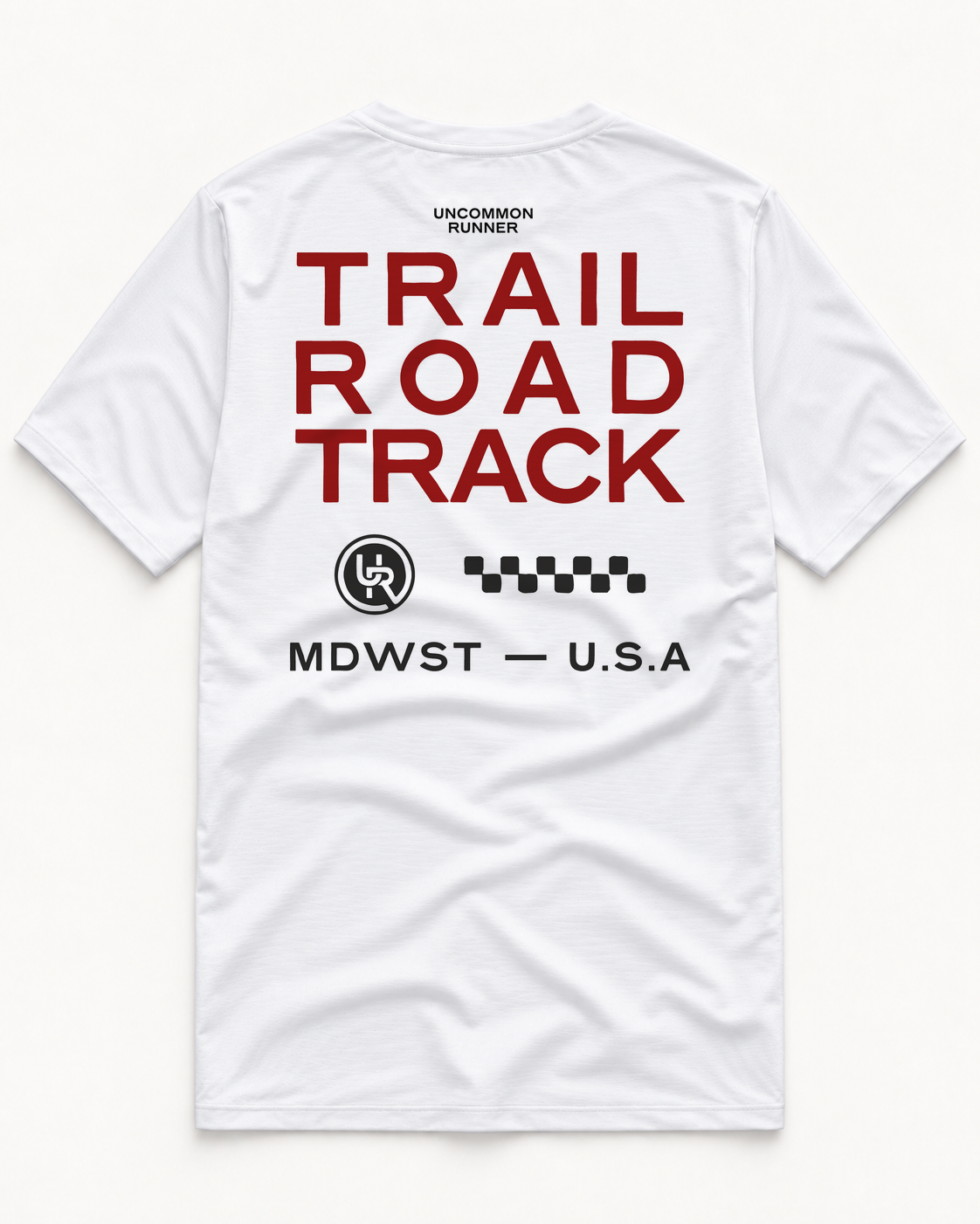 Back view of the white Three Ways short-sleeve TempoTech running tee with cherry-red Trail Road Track lettering and charcoal UR logo, checker pattern and MDWST U.S.A print