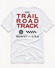 Back view of the white Three Ways short-sleeve TempoTech running tee with cherry-red Trail Road Track lettering and charcoal UR logo, checker pattern and MDWST U.S.A print