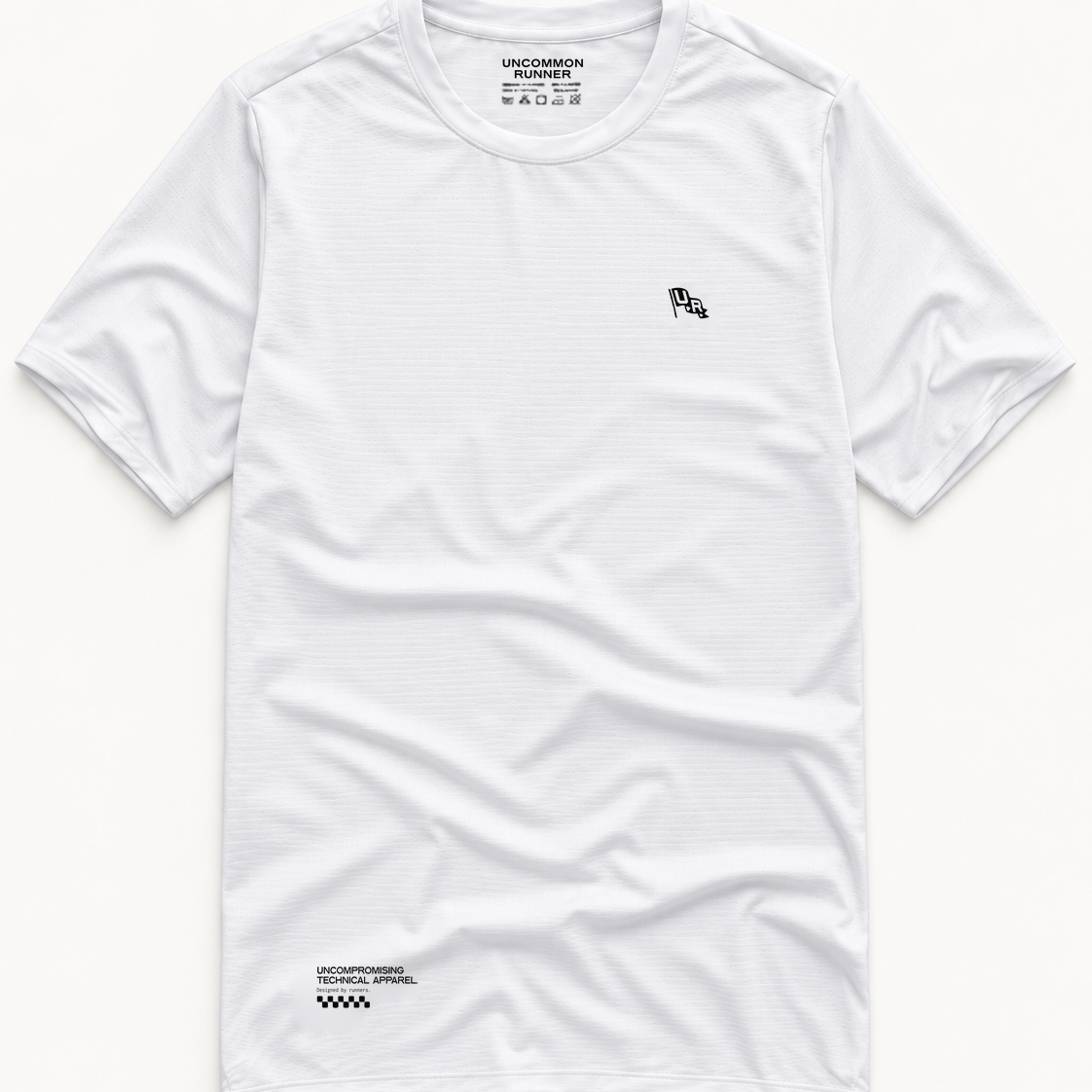 Front view of the white Three Ways short-sleeve TempoTech running tee with black chest emblem and black hem print