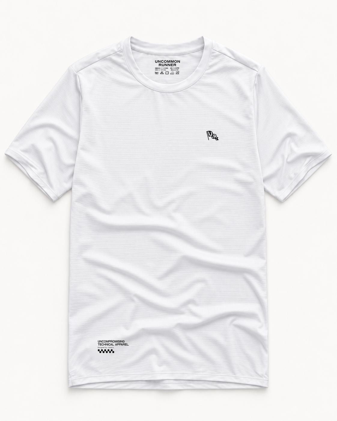 Front view of the white Three Ways short-sleeve TempoTech running tee with black chest emblem and black hem print
