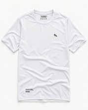 Front view of the white Three Ways short-sleeve TempoTech running tee with black chest emblem and black hem print