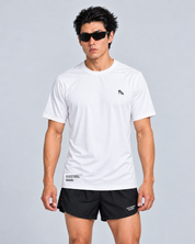 Front studio view of a male model wearing the white Three Ways short-sleeve TempoTech running tee and black Phanto-3 race shorts