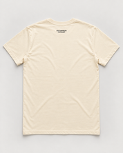 Back mockup of Uncommon Runner Kicks cotton tee in ecru with small black Uncommon Runner neck logo.